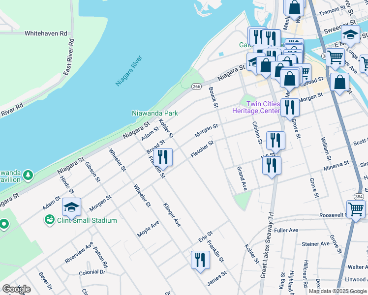 map of restaurants, bars, coffee shops, grocery stores, and more near 59 Kohler Street in Tonawanda