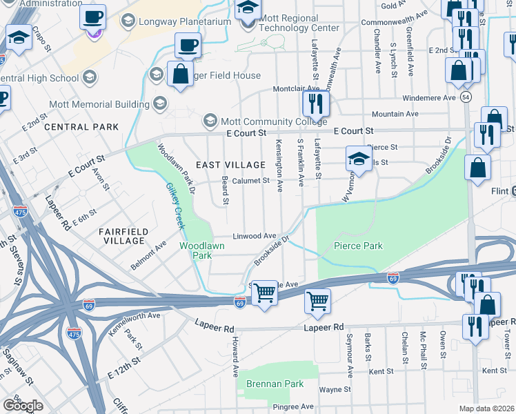 map of restaurants, bars, coffee shops, grocery stores, and more near 1117 Blanchard Avenue in Flint