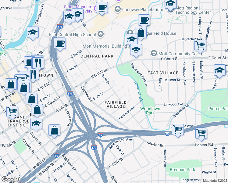 map of restaurants, bars, coffee shops, grocery stores, and more near 902 East 6th Street in Flint