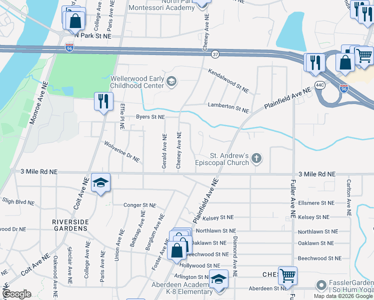 map of restaurants, bars, coffee shops, grocery stores, and more near 2910 Foster Avenue Northeast in Grand Rapids