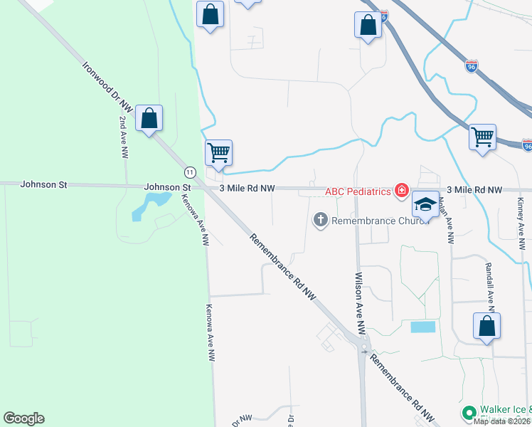map of restaurants, bars, coffee shops, grocery stores, and more near 4626 3 Mile Road Northwest in Grand Rapids