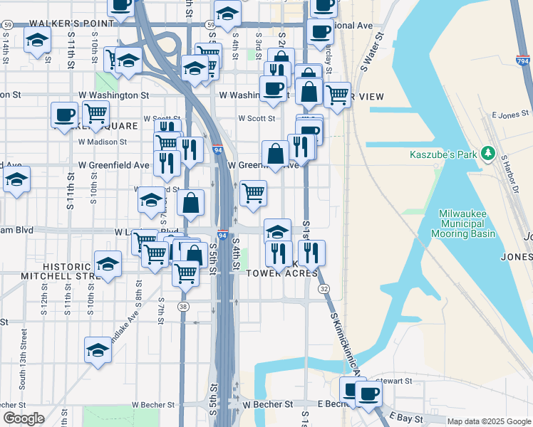 map of restaurants, bars, coffee shops, grocery stores, and more near 1522 South 3rd Street in Milwaukee