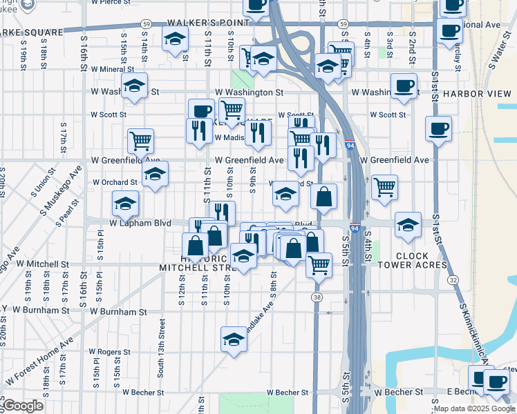 map of restaurants, bars, coffee shops, grocery stores, and more near 1514 South 9th Street in Milwaukee