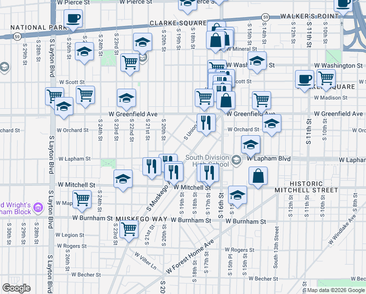 map of restaurants, bars, coffee shops, grocery stores, and more near 1518 South Union Street in Milwaukee