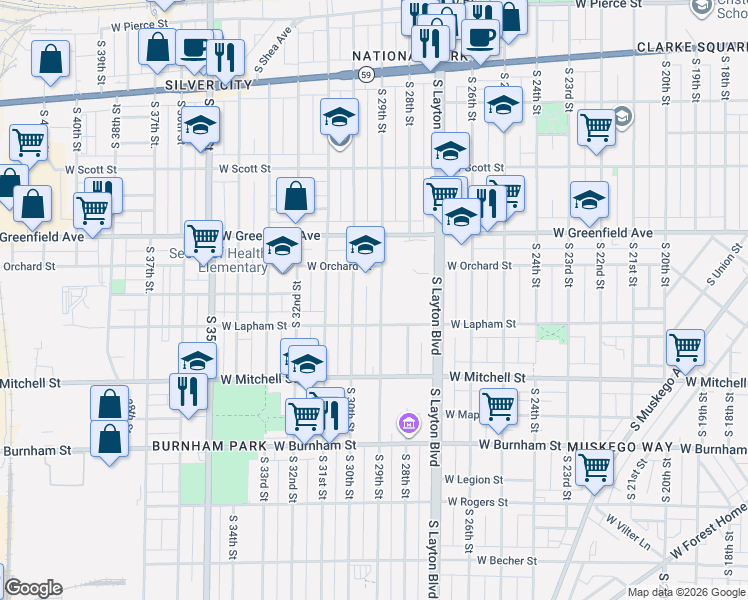 map of restaurants, bars, coffee shops, grocery stores, and more near 1515 South 29th Street in Milwaukee