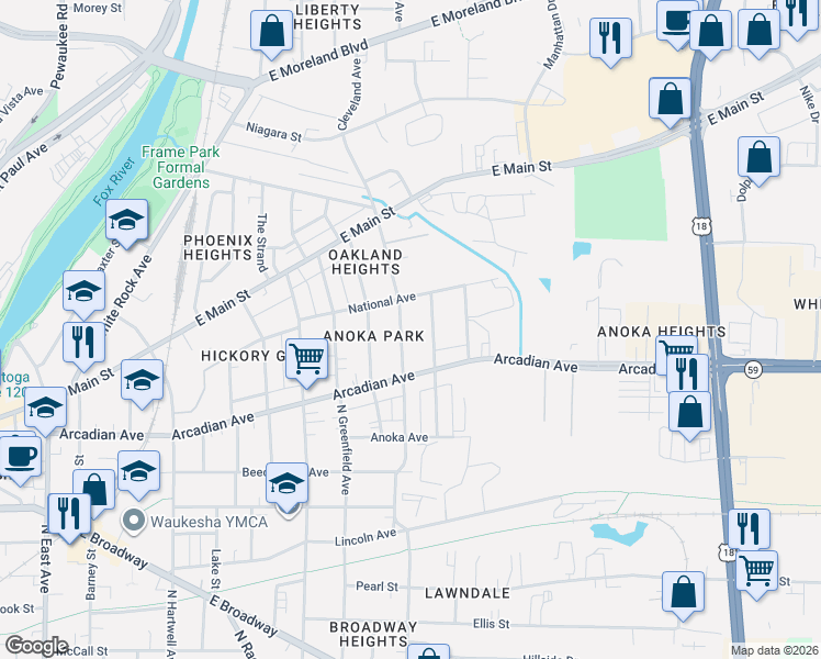 map of restaurants, bars, coffee shops, grocery stores, and more near 948 Harding Avenue in Waukesha