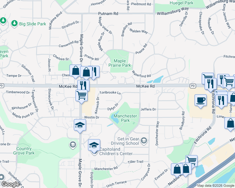 map of restaurants, bars, coffee shops, grocery stores, and more near 6418 Toribrooke Lane in Madison