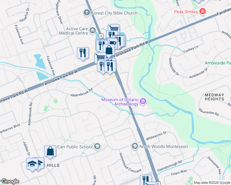 map of restaurants, bars, coffee shops, grocery stores, and more near 115 Acorn Crescent in London