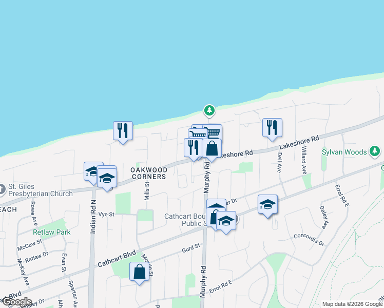 map of restaurants, bars, coffee shops, grocery stores, and more near 1114 Lakeshore Road in Sarnia