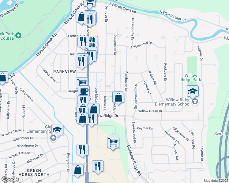 map of restaurants, bars, coffee shops, grocery stores, and more near Peppertree Drive & Draden Lane in Buffalo