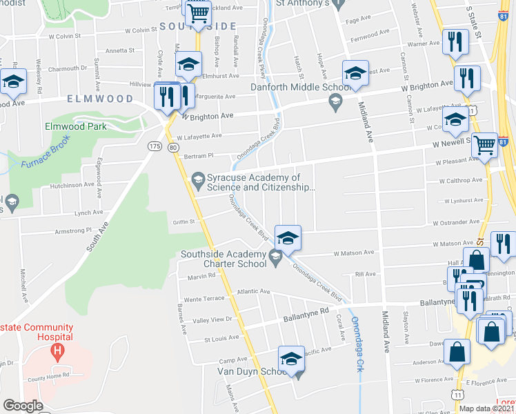 map of restaurants, bars, coffee shops, grocery stores, and more near 152 Baldwin Avenue in Syracuse