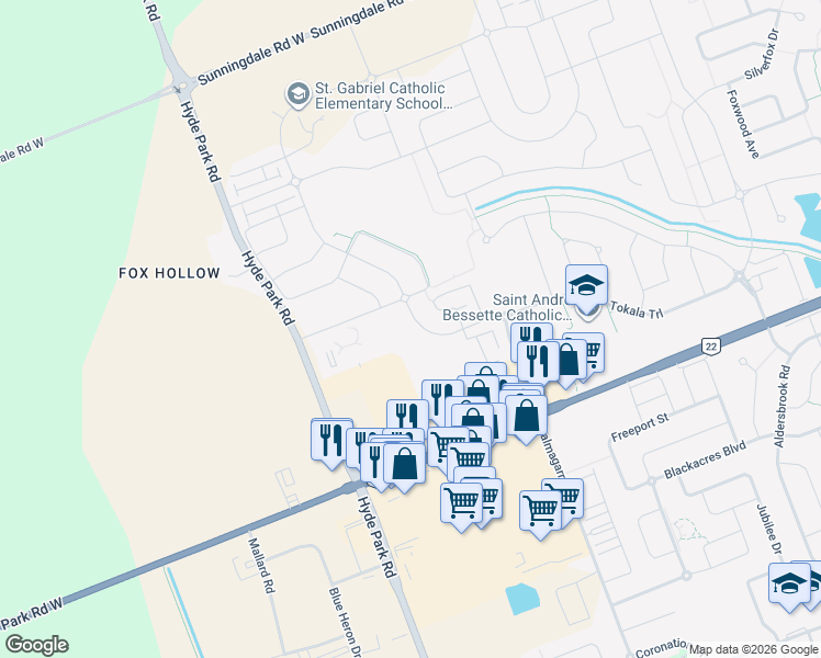 map of restaurants, bars, coffee shops, grocery stores, and more near 2988 Tokala Trail in London