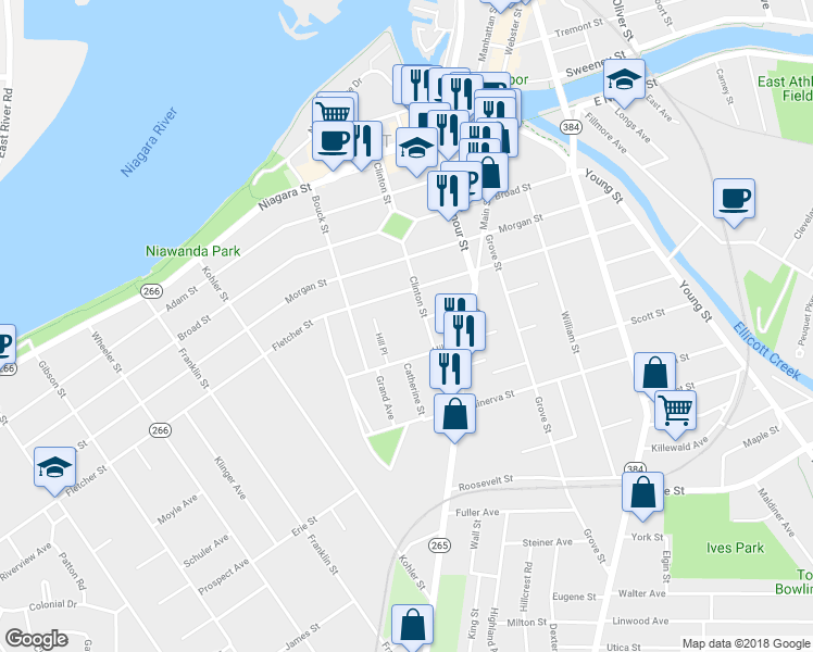 map of restaurants, bars, coffee shops, grocery stores, and more near 138 Clinton Street in Tonawanda