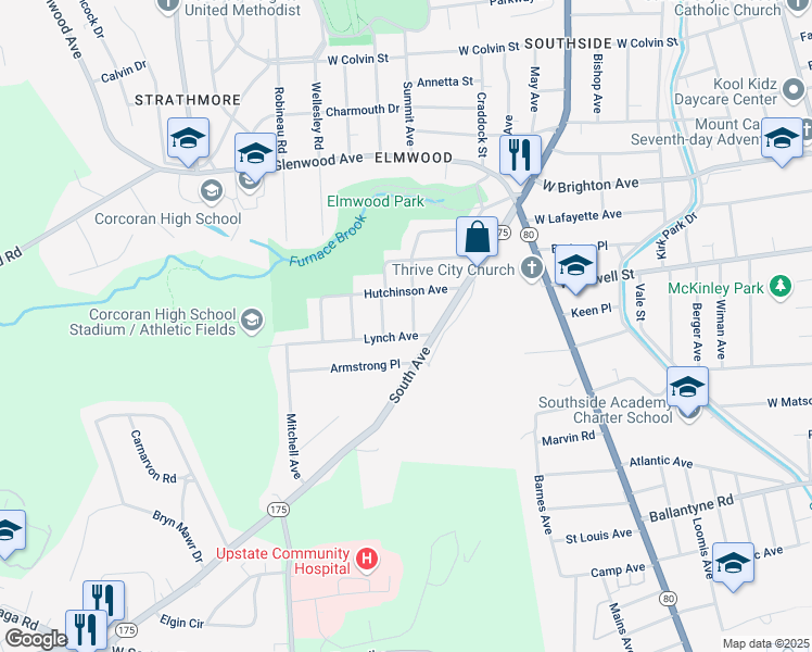map of restaurants, bars, coffee shops, grocery stores, and more near 308 Edgewood Avenue in Syracuse