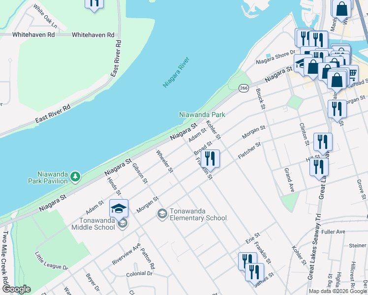 map of restaurants, bars, coffee shops, grocery stores, and more near 339 Adam Street in Tonawanda