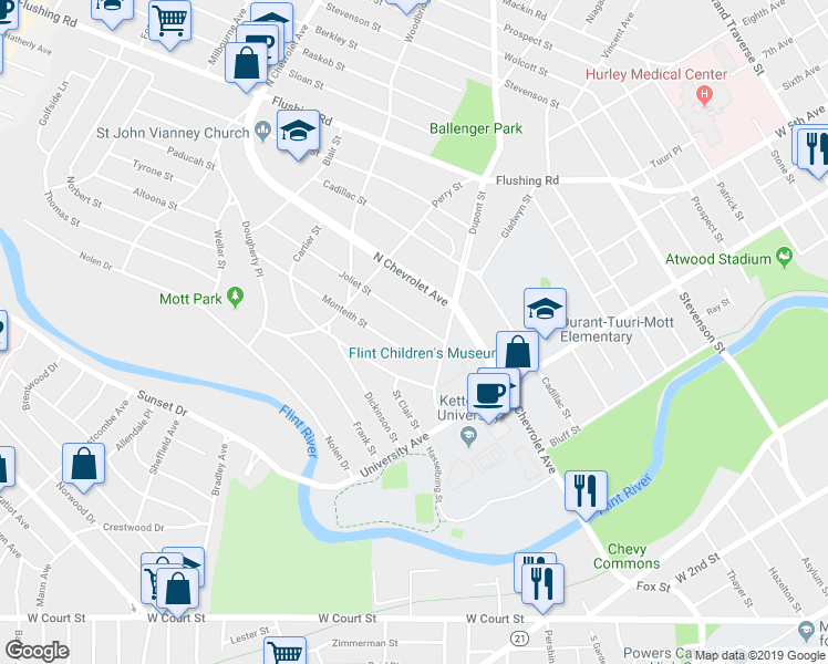 map of restaurants, bars, coffee shops, grocery stores, and more near 1921 Joliet Street in Flint