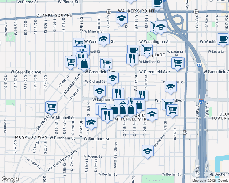 map of restaurants, bars, coffee shops, grocery stores, and more near in Milwaukee