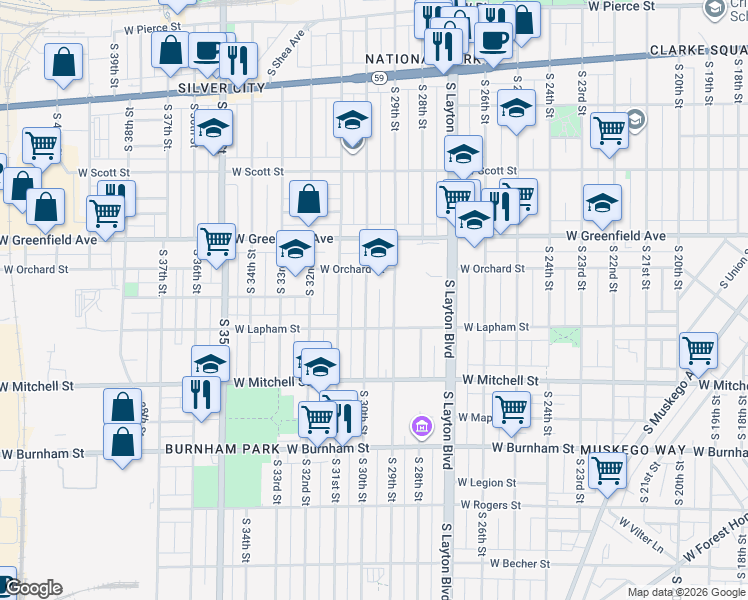 map of restaurants, bars, coffee shops, grocery stores, and more near 1515 South 29th Street in Milwaukee