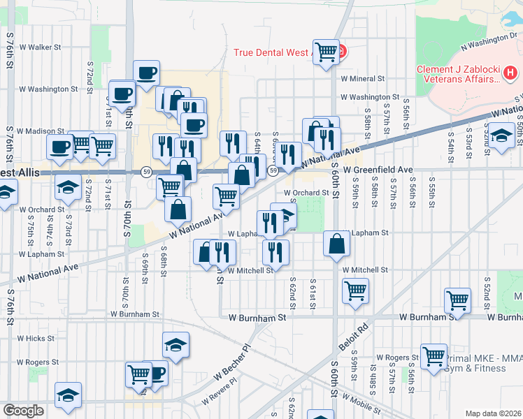 map of restaurants, bars, coffee shops, grocery stores, and more near 1507 South 63rd Street in West Allis