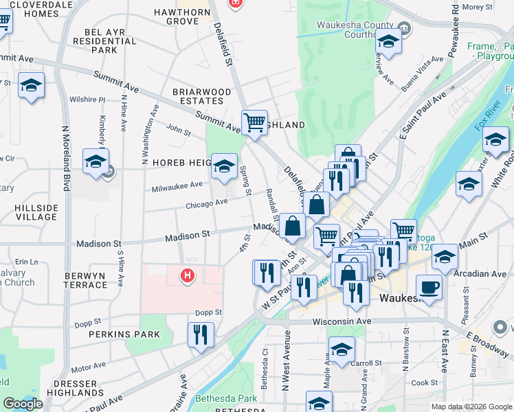 map of restaurants, bars, coffee shops, grocery stores, and more near 200 Spring Street in Waukesha