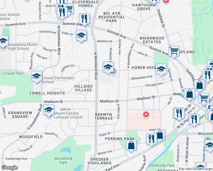 map of restaurants, bars, coffee shops, grocery stores, and more near 224 North Hine Avenue in Waukesha