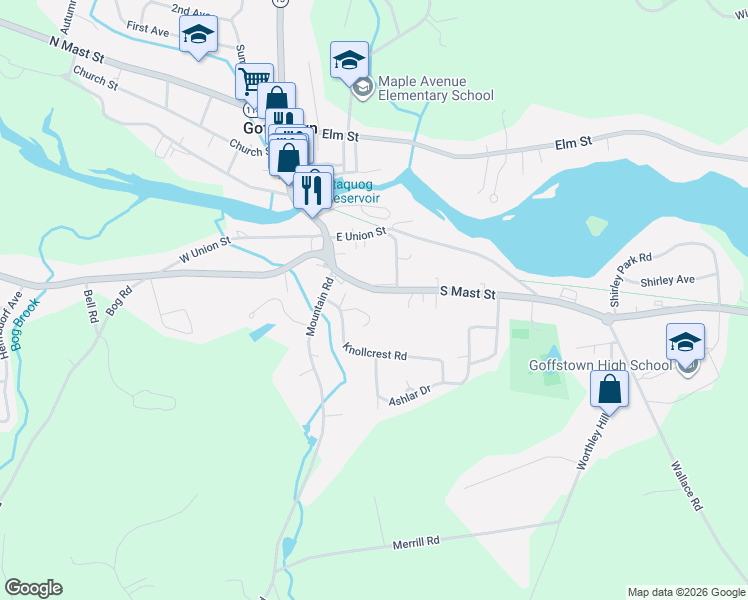 map of restaurants, bars, coffee shops, grocery stores, and more near 12 New Hampshire 114 in Goffstown