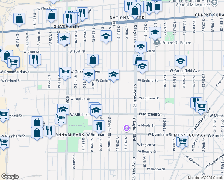 map of restaurants, bars, coffee shops, grocery stores, and more near 1515 South 29th Street in Milwaukee