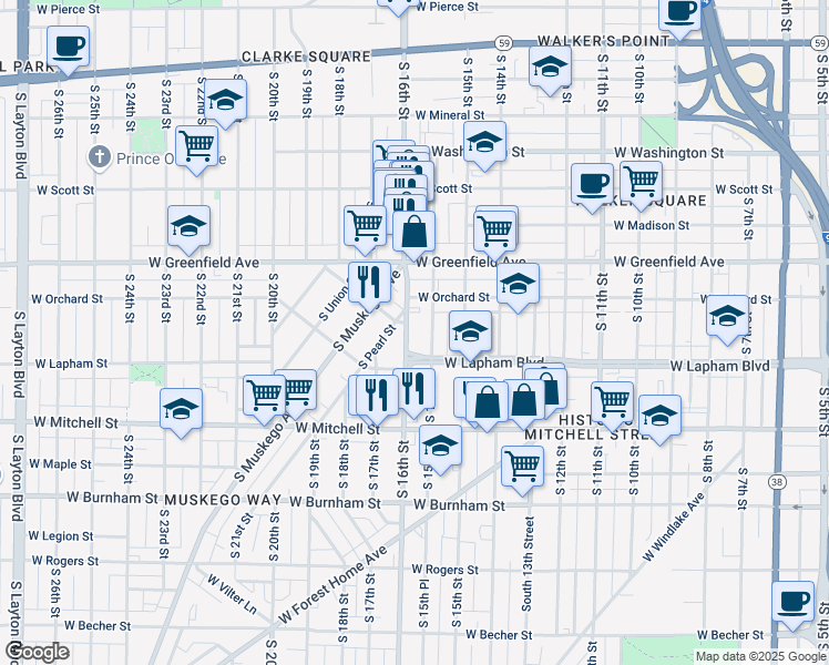 map of restaurants, bars, coffee shops, grocery stores, and more near 1516 South Pearl Street in Milwaukee