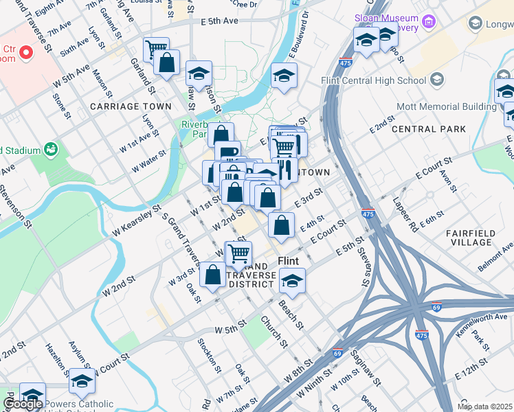 map of restaurants, bars, coffee shops, grocery stores, and more near 201 Brush Alley in Flint