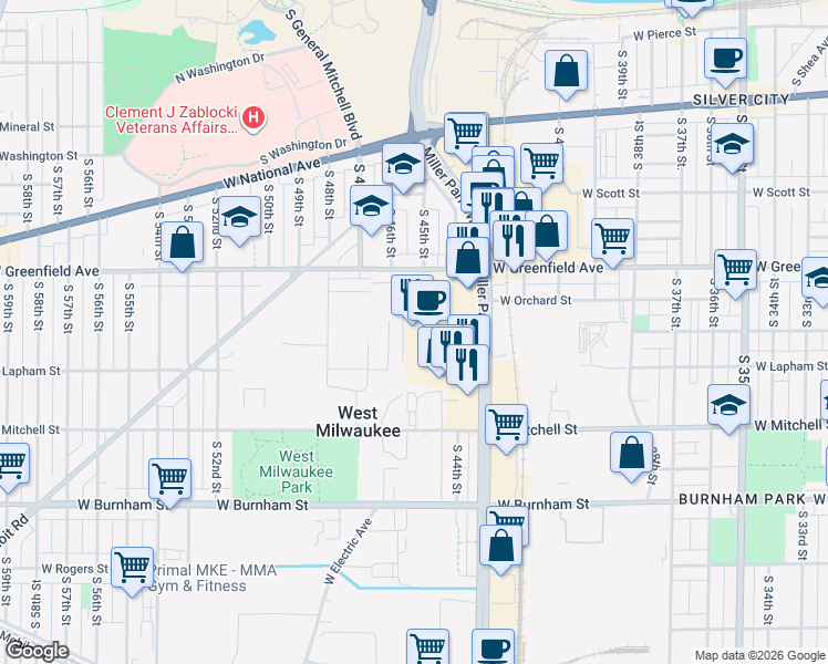 map of restaurants, bars, coffee shops, grocery stores, and more near 1501 Miller Park Way in West Milwaukee