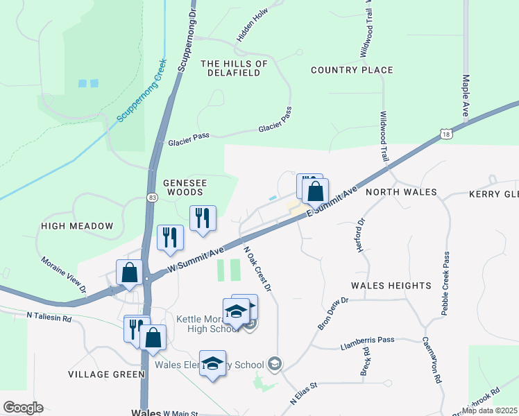 map of restaurants, bars, coffee shops, grocery stores, and more near 219 East Oak Crest Drive in Wales