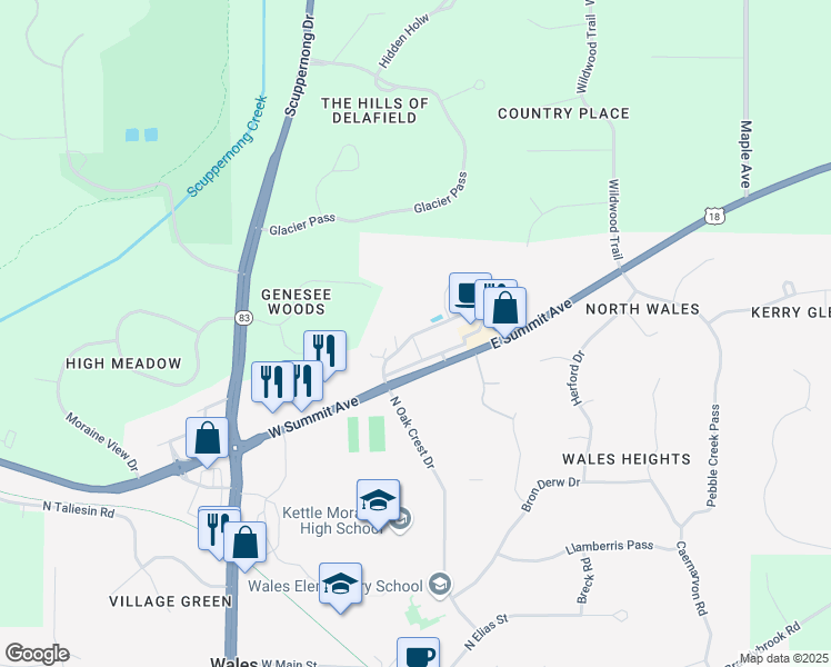 map of restaurants, bars, coffee shops, grocery stores, and more near 219 East Oak Crest Drive in Wales