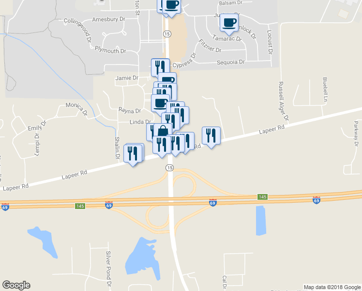 map of restaurants, bars, coffee shops, grocery stores, and more near 10031 Lapeer Road in Davison
