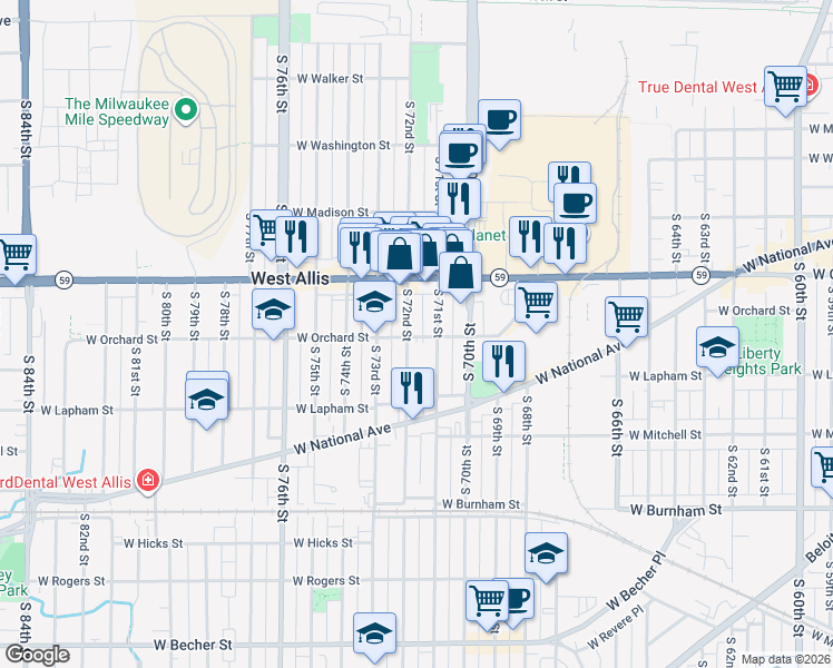 map of restaurants, bars, coffee shops, grocery stores, and more near 7124 West Orchard Street in West Allis