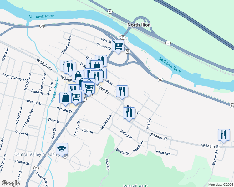 map of restaurants, bars, coffee shops, grocery stores, and more near 80 East North Street in Ilion