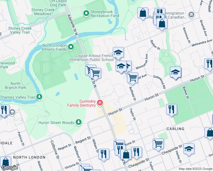 map of restaurants, bars, coffee shops, grocery stores, and more near 1170 Adelaide Street North in London