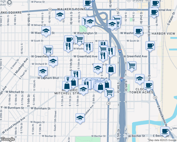 map of restaurants, bars, coffee shops, grocery stores, and more near 1514 South 9th Street in Milwaukee