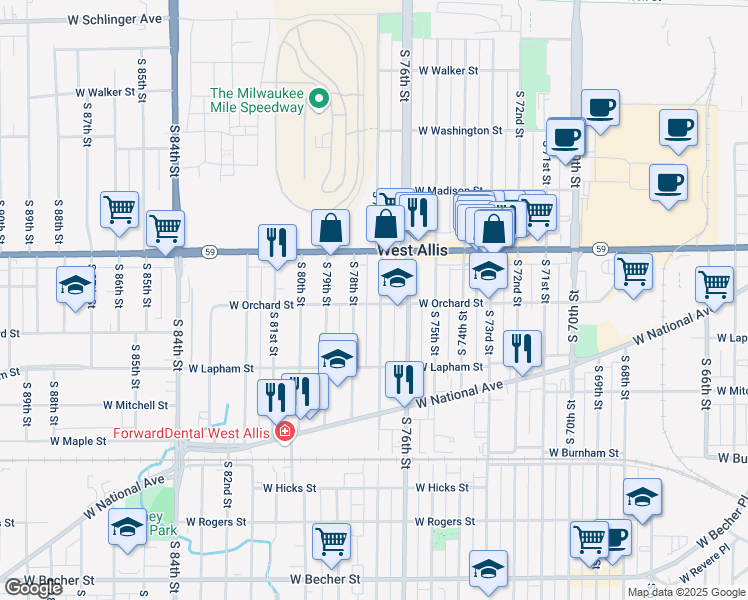 map of restaurants, bars, coffee shops, grocery stores, and more near 1446 South 77th Street in West Allis