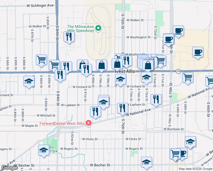 map of restaurants, bars, coffee shops, grocery stores, and more near 1452 South 78th Street in West Allis