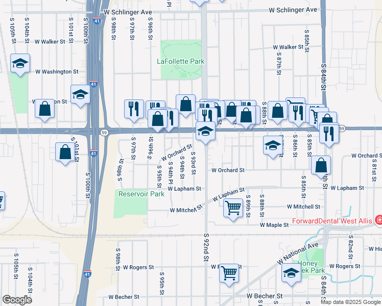 map of restaurants, bars, coffee shops, grocery stores, and more near 1444 South 94th Street in West Allis