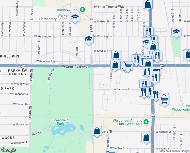 map of restaurants, bars, coffee shops, grocery stores, and more near 6 West Orchard Street in West Allis