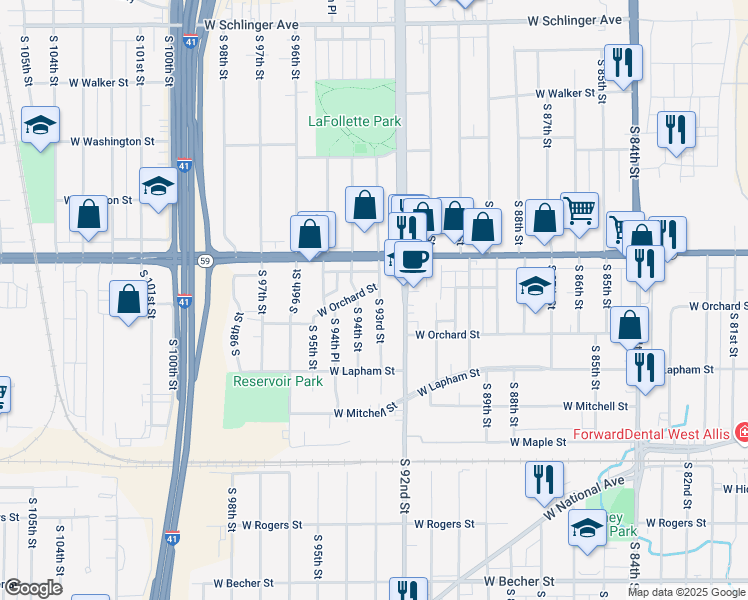 map of restaurants, bars, coffee shops, grocery stores, and more near 1444 South 94th Street in West Allis
