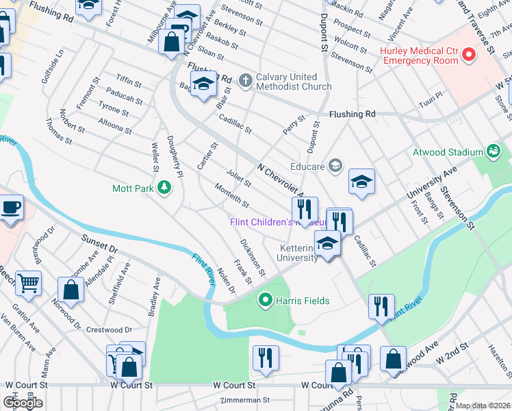 map of restaurants, bars, coffee shops, grocery stores, and more near 1921 Joliet Street in Flint