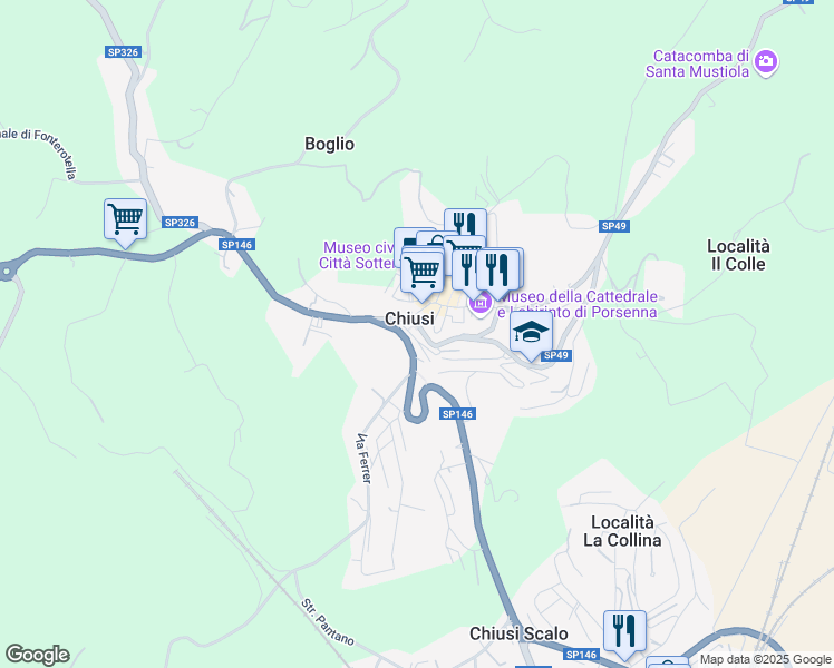 map of restaurants, bars, coffee shops, grocery stores, and more near 24 Via Porsenna in Chiusi