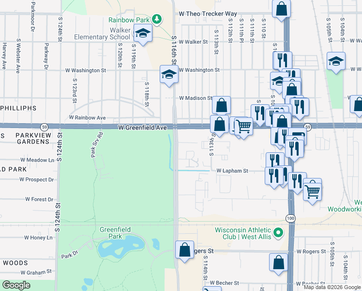 map of restaurants, bars, coffee shops, grocery stores, and more near 6 West Orchard Street in West Allis