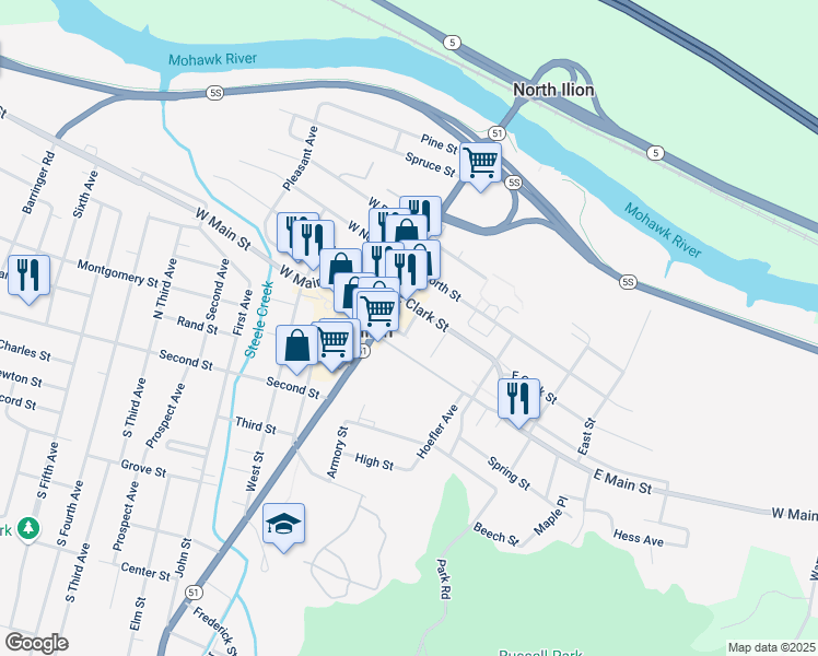 map of restaurants, bars, coffee shops, grocery stores, and more near Hope Street in Ilion