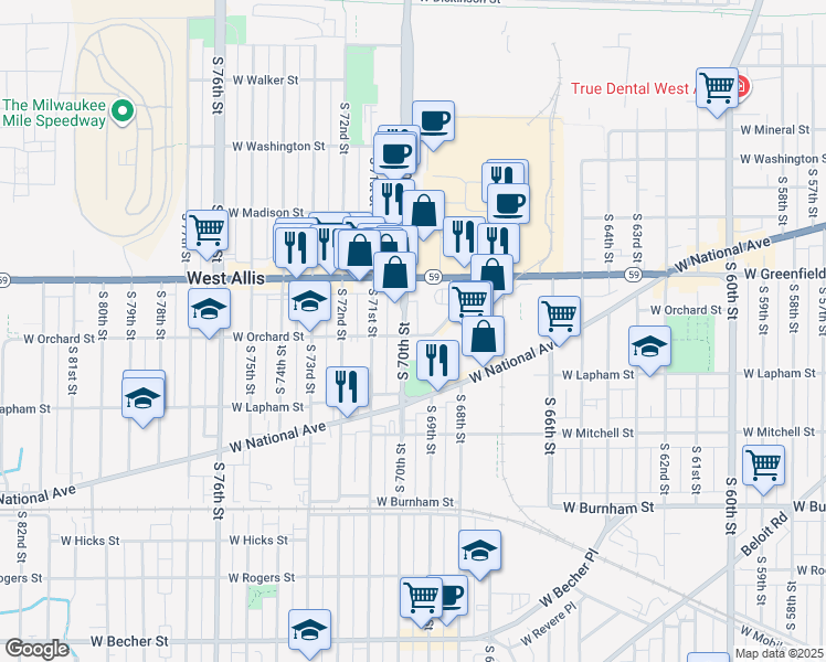 map of restaurants, bars, coffee shops, grocery stores, and more near 69 West Orchard Street in West Allis