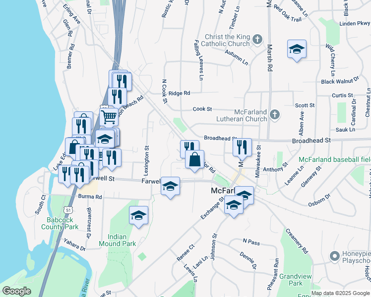 map of restaurants, bars, coffee shops, grocery stores, and more near 5207 Taylor Road in McFarland