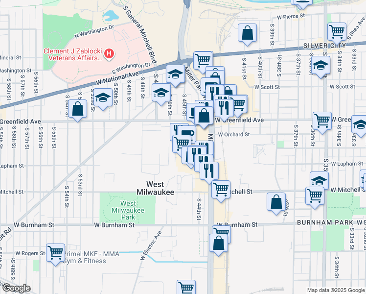 map of restaurants, bars, coffee shops, grocery stores, and more near 1501 Miller Park Way in West Milwaukee