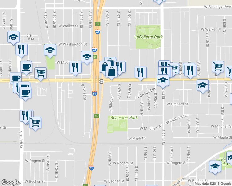 map of restaurants, bars, coffee shops, grocery stores, and more near 1455 South 97th Street in Milwaukee